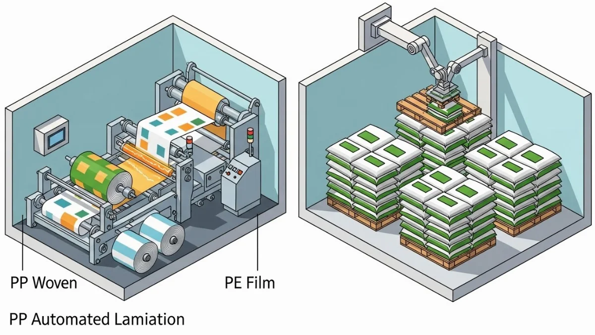 Hình ảnh bao bì phân bón được xếp khoa học trên pallet, cách tường kho