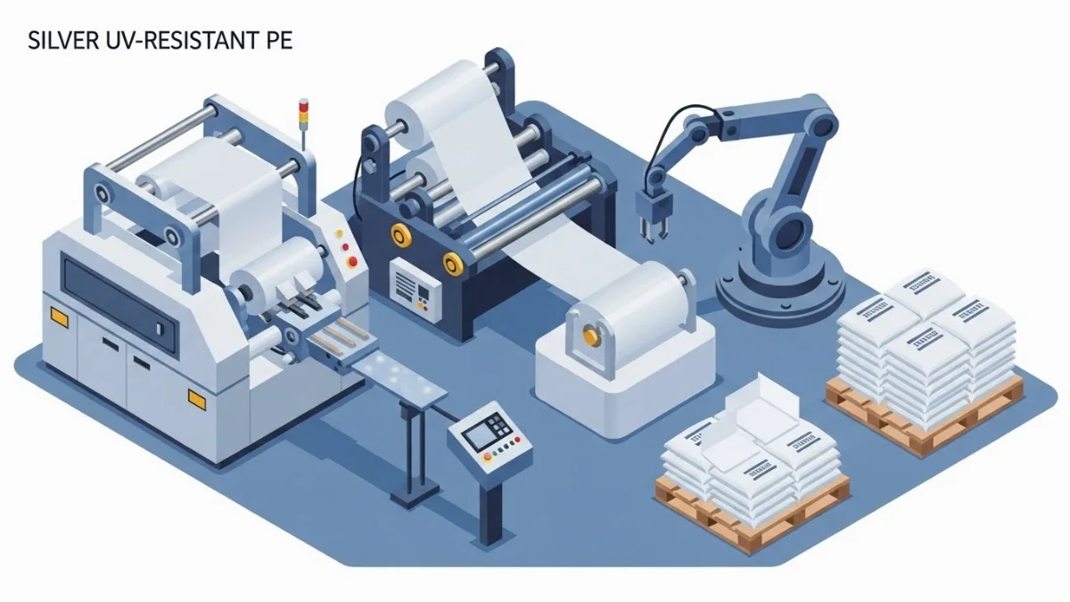 Nông dân đang phủ bạt bạc chống UV cho luống rau