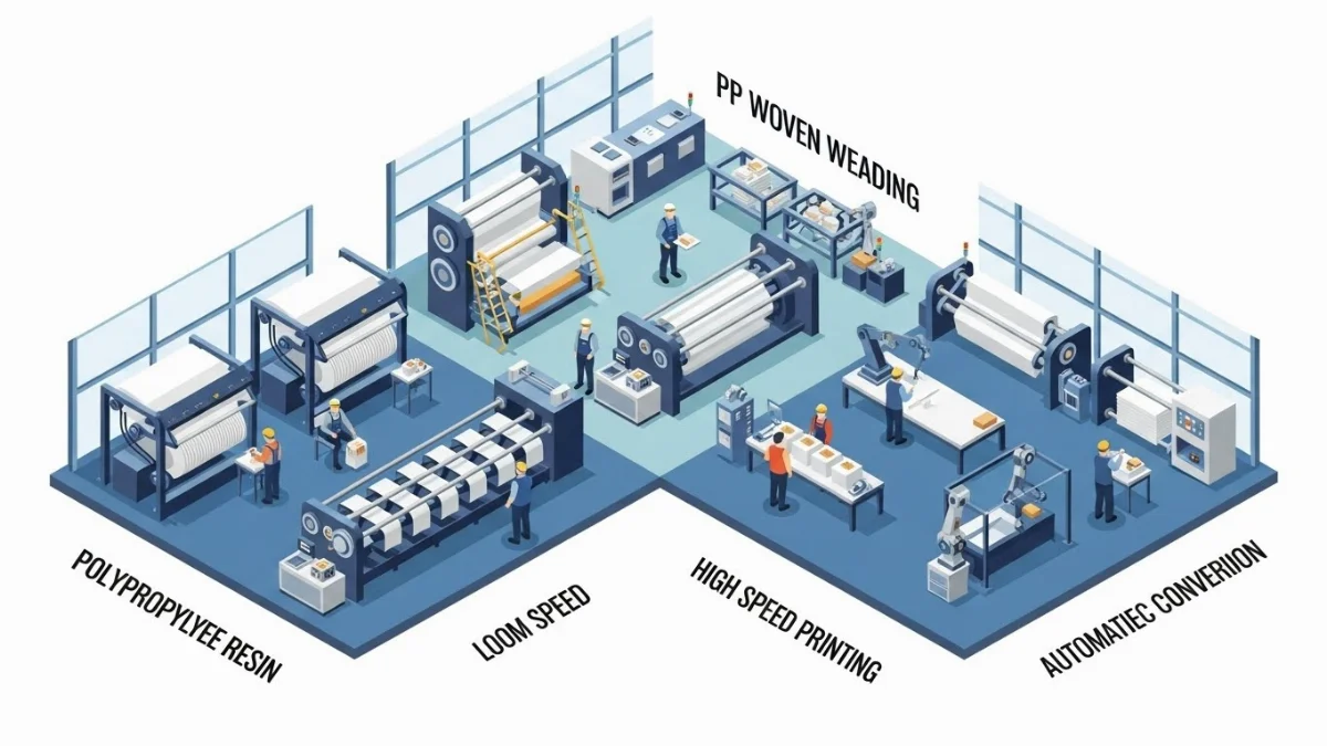 Máy dệt tạo ra vải PP dệt, nền tảng cho bao bì chắc chắn.